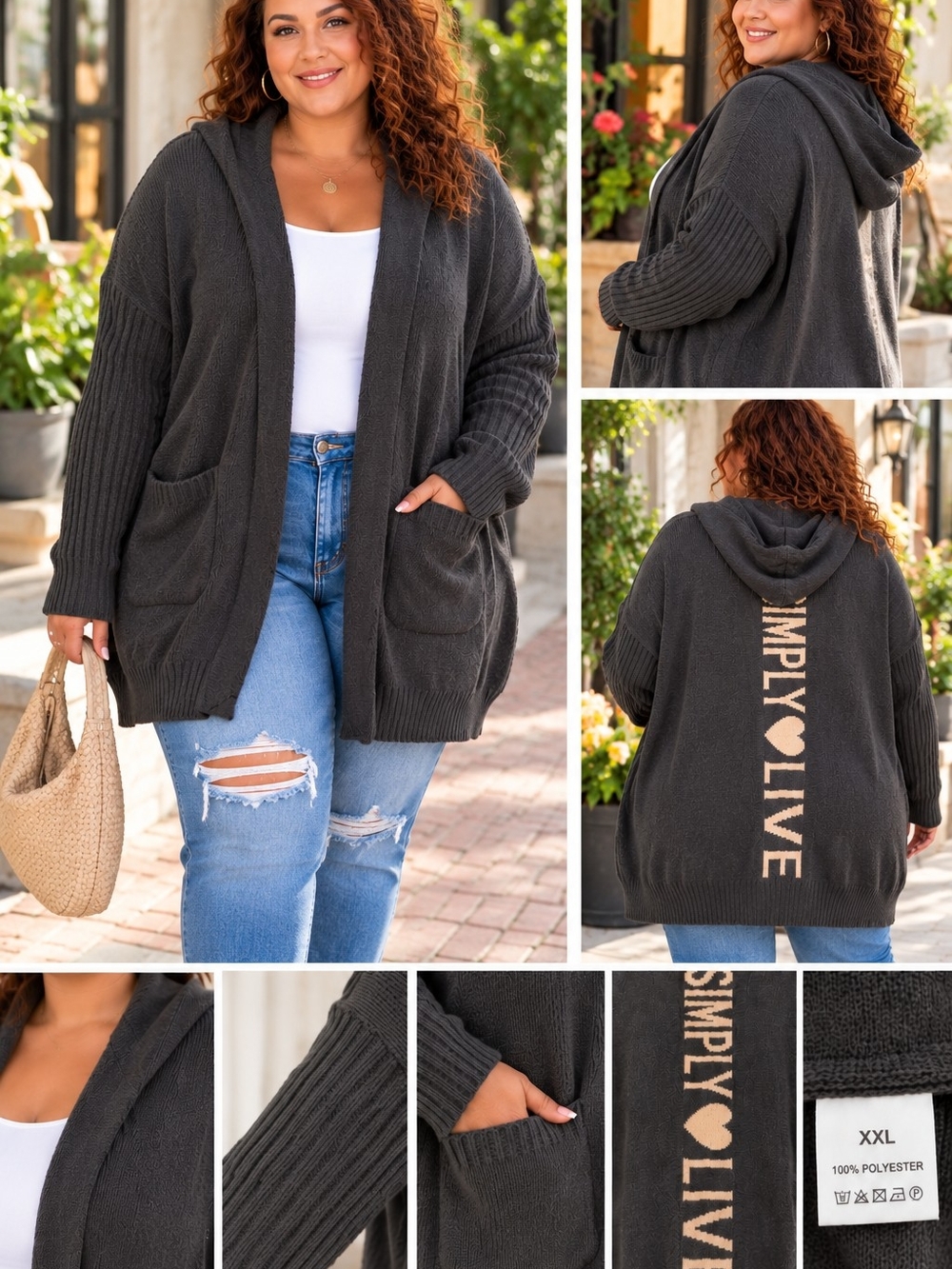 XXL Simply Live Hooded Open Front Oversized Knit Cardigan
